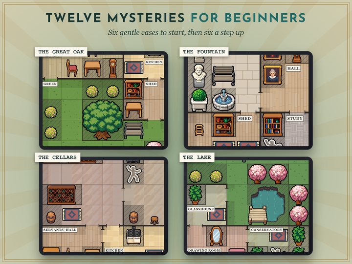 Four floor plans from the pack on four tablets: a garden with the great oak, a fountain court, the cellars, and a lake with a dock, each in pixel art with its furniture, most with a chalk outline.