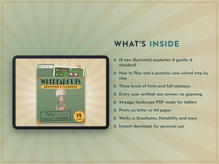 The PDF's first page on a tablet, the pack's case-file cover, beside a list: 12 new illustrated mysteries, six gentle and six standard, How to Play and a practice case, three levels of hints, solutions, a 44-page landscape PDF that also prints.