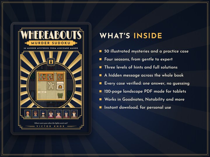 What's inside the murder mystery puzzle book PDF: 50 illustrated cases and a practice case, four seasons, three levels of hints, a hidden message, 120 landscape pages made for tablets. The cover beside it.