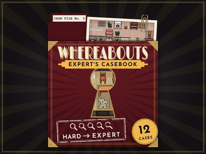 The Expert's Casebook, a Whereabouts murder sudoku pack, as an oxblood case file, No. 2: a plan clipped inside, a keyhole onto a lit dining room with a chalk outline, five magnifying glasses stamped Hard to Expert, 12 Cases.