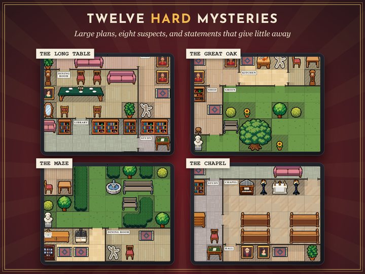 Four floor plans from the pack on four tablets: a dining room with a long table, a garden with the great oak, a hedge maze and a chapel, each in pixel art with its furniture, most with a chalk outline.