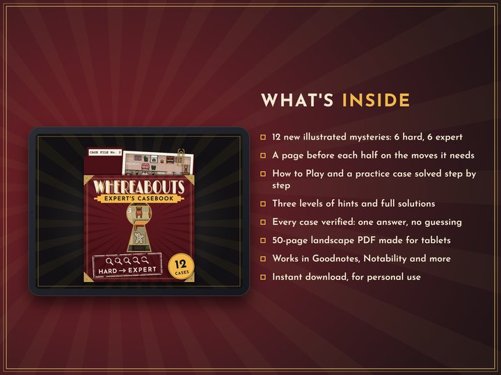 The PDF's first page on a tablet, the pack's case-file cover, beside a list: 12 new illustrated mysteries, six hard and six expert, the moves explained, a practice case, hints and full solutions, a 50-page landscape PDF made for tablets.