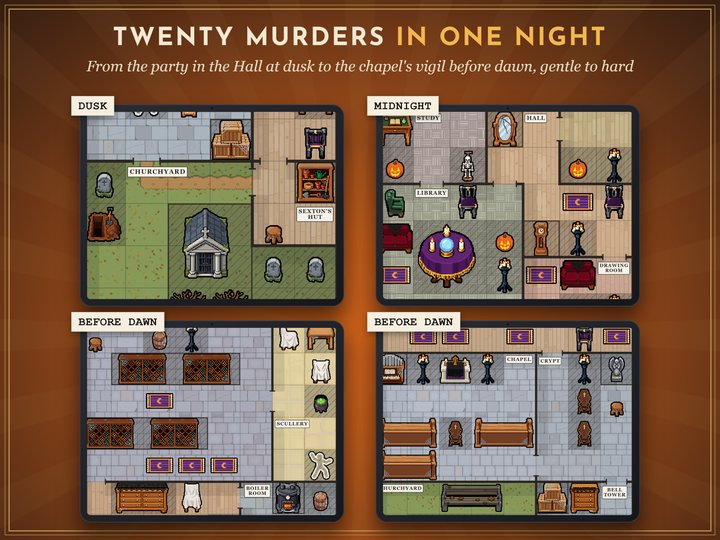 Four floor plans from the pack on four tablets: a churchyard at dusk, a seance at midnight, the cellars and a haunted chapel before dawn, each in pixel art with its furniture.