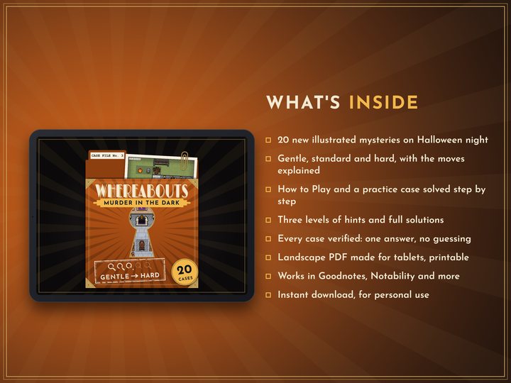The PDF's first page on a tablet, the pack's case-file cover, beside a list: 20 new illustrated mysteries on Halloween night, gentle, standard and hard, a practice case, hints and full solutions, a landscape PDF for tablets that prints.